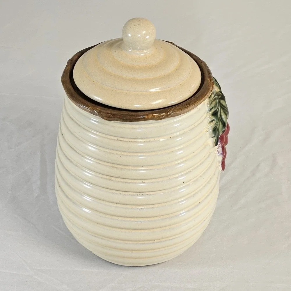 Vintage Ceramic Beehive Canister Red‎ Grapes Relief Lidded Cookie Jar Cream 8in